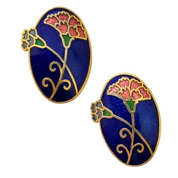 Vintage 80s Enamel Cloisonne Earrings Pierced Floral Lily Gold Tone Large Oval. - Picture 11 of 15
